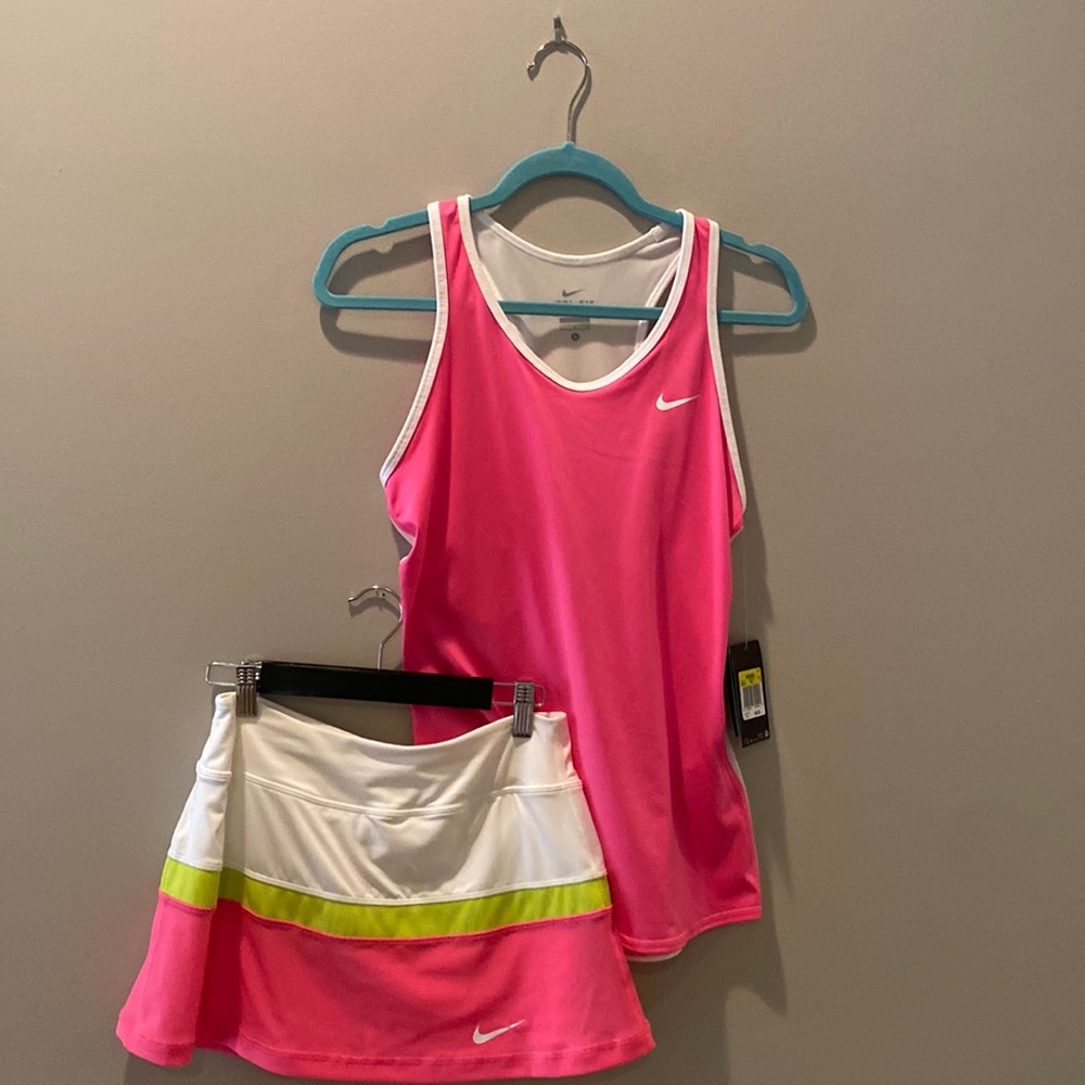 Nike Dry Fit Pink, Lime & White Tennis Skirt with Matching Pink Tank NWT Size S